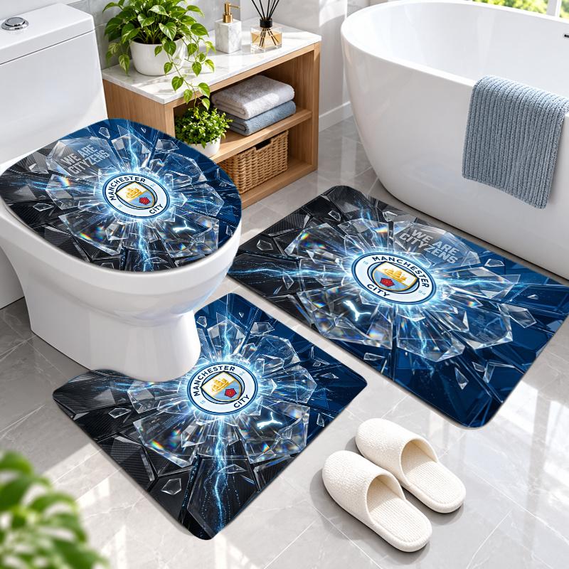 3Pcs Flannel Toilet Mat Set Manchester City Bathroom Rug Bath Carpet Non Slip Home Decor