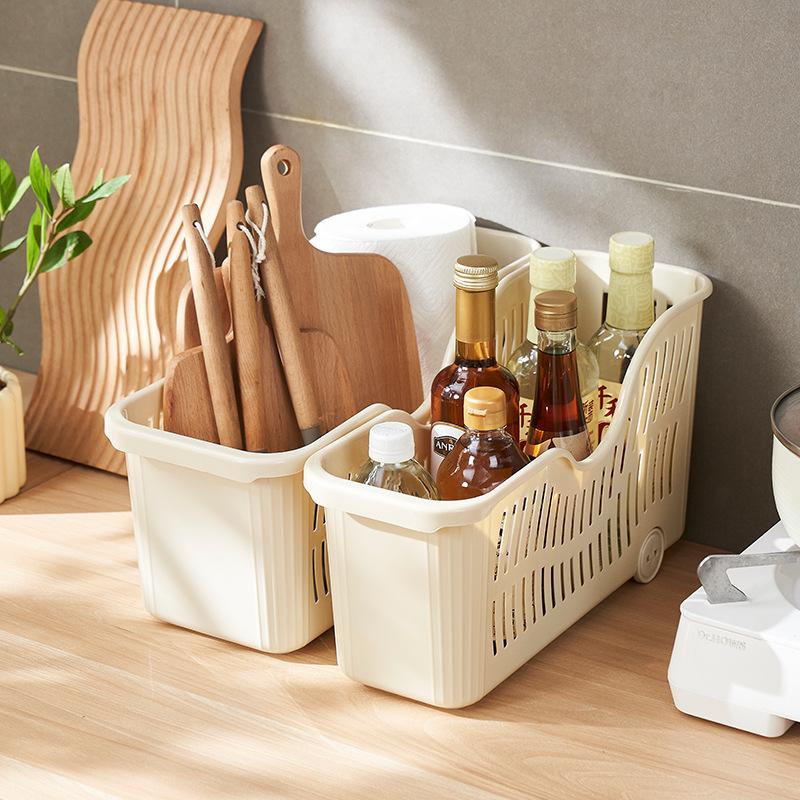 Plastic Storage Basket With Wheels And Handle Slanted Open Design Organizer Bin For Books Stationery And Household Items