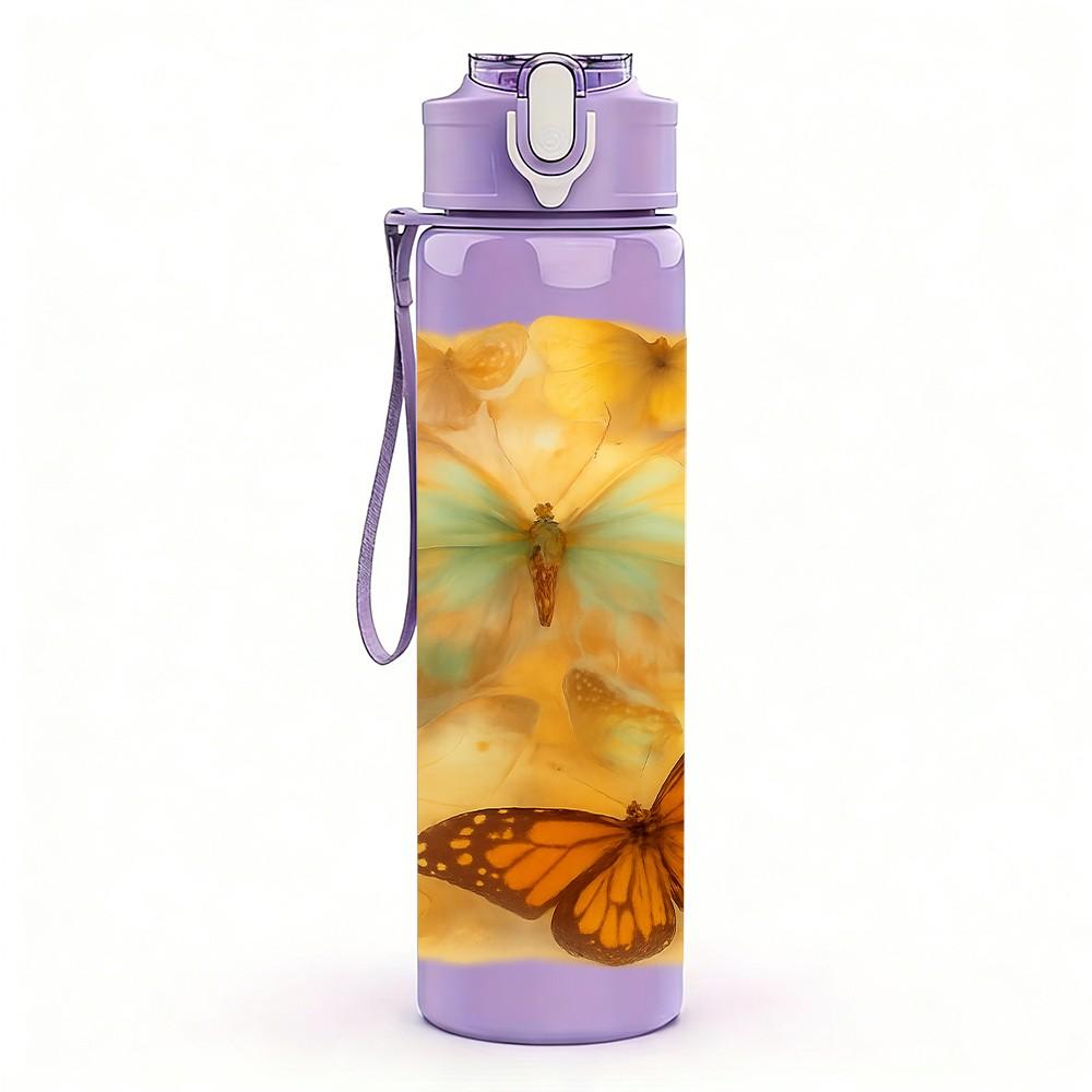 1PC Butterfly On Warm Tone Flower Print 750ml Color Plastic Sports Water Bottle Leakproof Flip Straw Lid Suitable for Sports Office Home Use