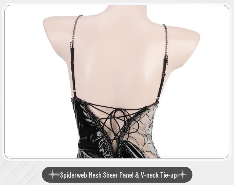 Man Yan 2025 Spiderweb Witch Costume - Sheer Bodycon Skirt & Slim-Fit Patent Leather Lingerie Set 8919