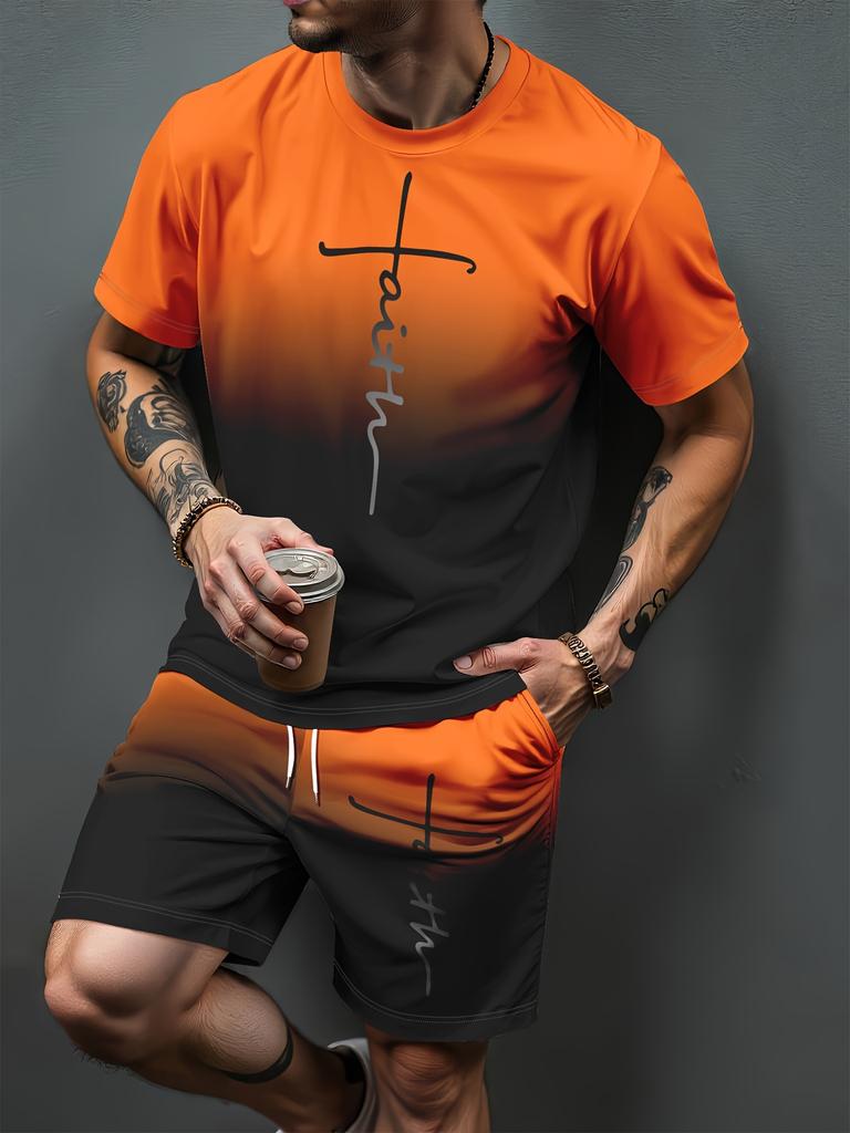 Gradient Letter Pattern 3D Print Tracksuits Men Casual Short Sleeve T-Shirt Shorts Sets 2pcs Sportswear Suits Man Clothing
