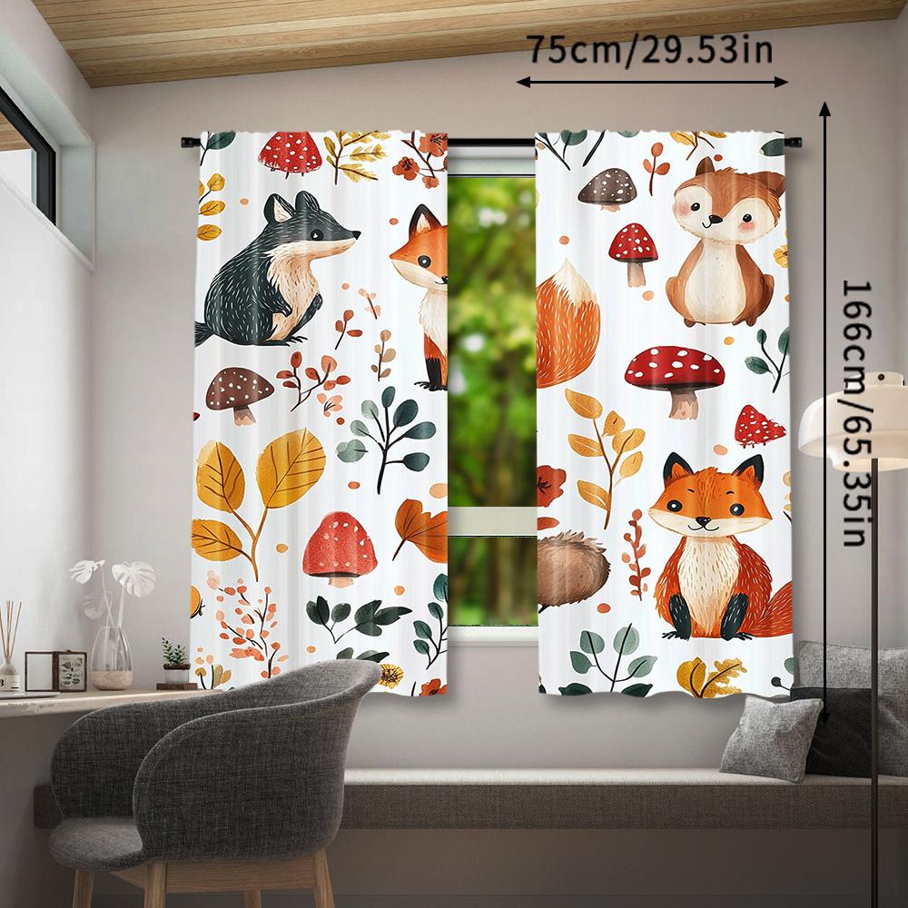 2PCS Cartoon Curtains, Fox Hedgehog Mushroom Forest, Digital Print, Bedroom Living Room, Office, Bathroom, Dining Room