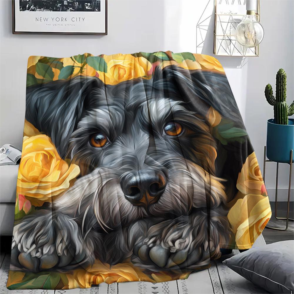 Schnauzer and Roses,pattern Flannel Blanket, High Quality Comfortable for All Seasons, Home Decor, Warmth and Comfort, Perfect for Gifts.