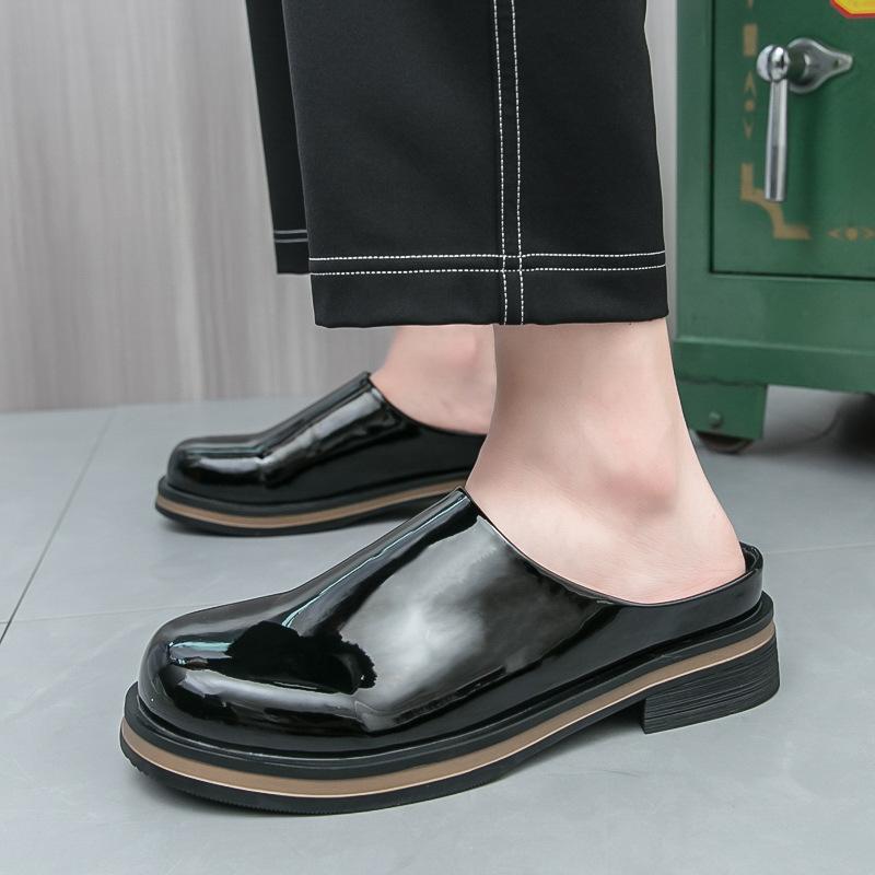 Summer half slippers men's one-foot platform leather shoes glossy patent leather Korean version trendy big-headed Boken slippers