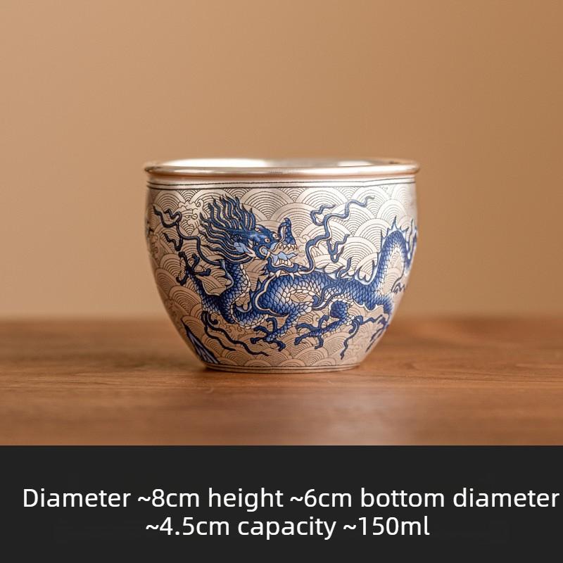 Gilded Silver Blue White Porcelain Dragon Tea Cup Feng Shui Master Cup Handmade Ceramic Gongfu Tea Tasting Cup for Home Decor