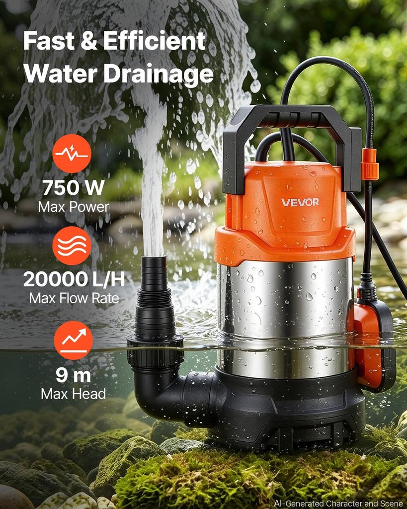 Submersible Water Pump 750W 20000 L/H Sump Pump with Float Switch, Portable Water Removal, Thermoplastic Material, for Swimming Pool Draining Garden