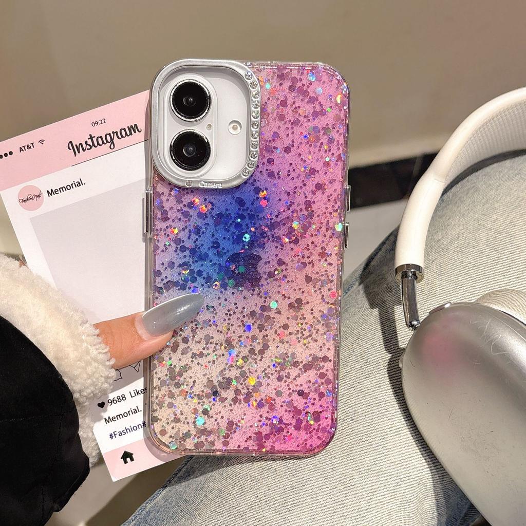 Gradual change color glitter case Suitable for Apple 16 mobile phone case iPhone17promax rhinestone lens IMD case 14/15