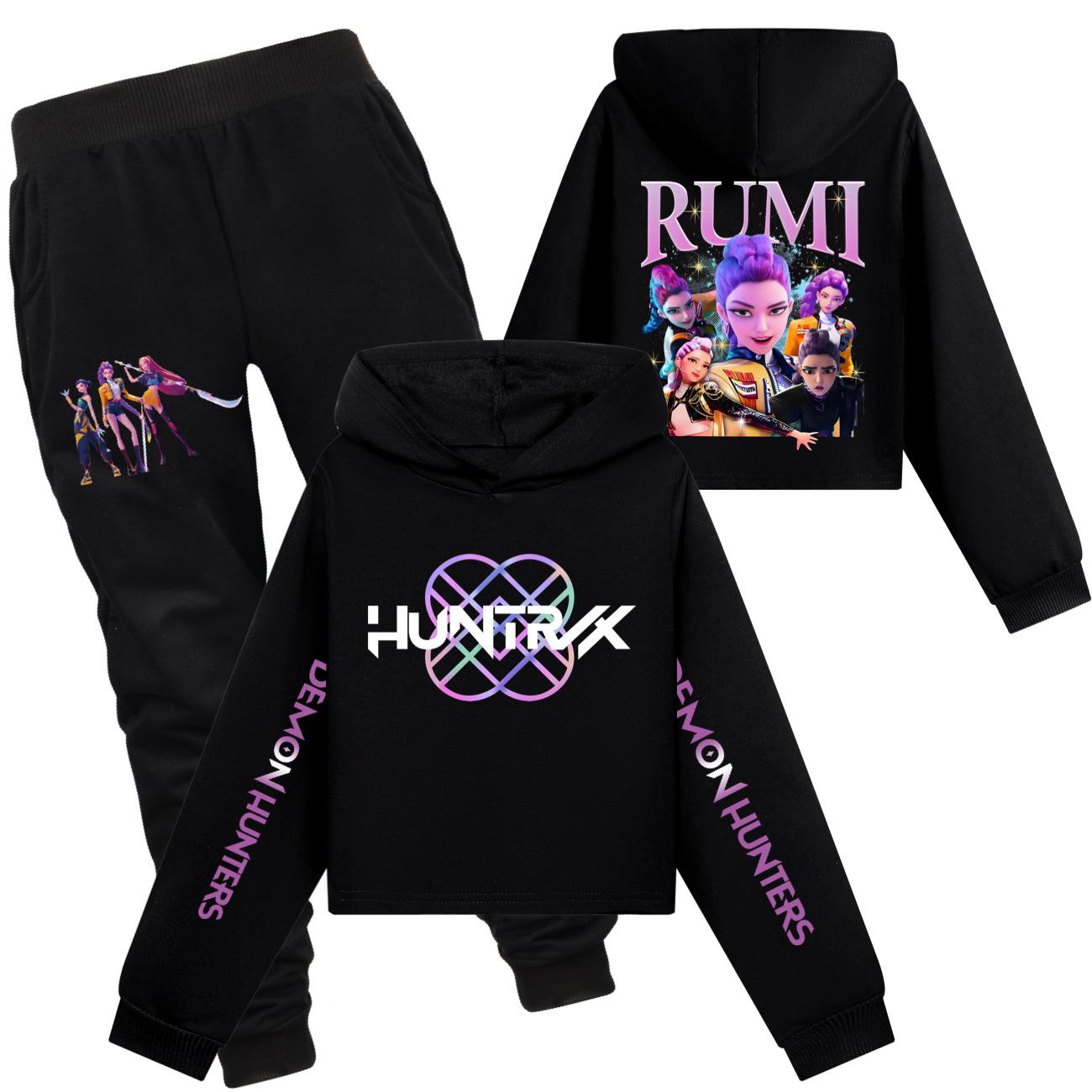 

Kids Clothing Sets Kpop Witch Hunt Girls Half Waist Short Hoodie Single and Double Sleeve Printed Casual Set 110