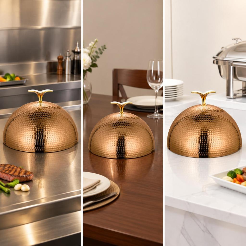 Reflective Rose Gold Domed Plate Cover Dishwasher Safe Hammered Food Dome with