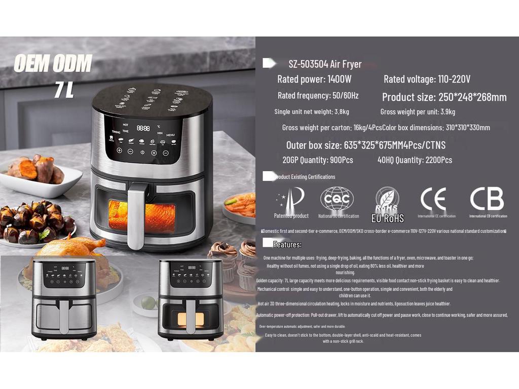 7L Stainless Steel Smart Air Fryer with Visible Cooking Window - Large Capacity Household Model, US Standard
