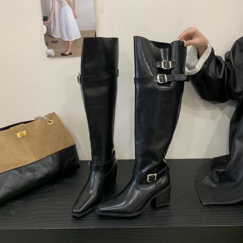 Big tube circumference boots women 2025 autumn and winter suede babes but knee boots pointed thick heel heap boots women