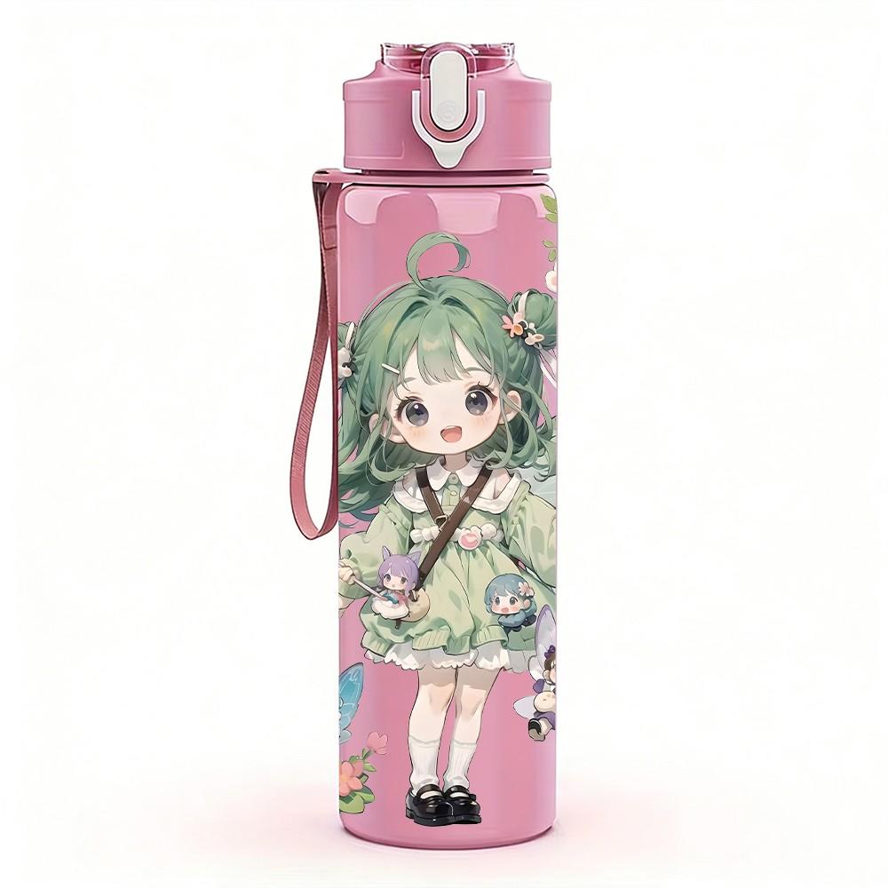 1PC Green Hair Girl Plant Leaf Decor Pattern 750ml Color Plastic Sports Water Bottle Leakproof Flip Straw Lid Suitable for Sports Office Home Use