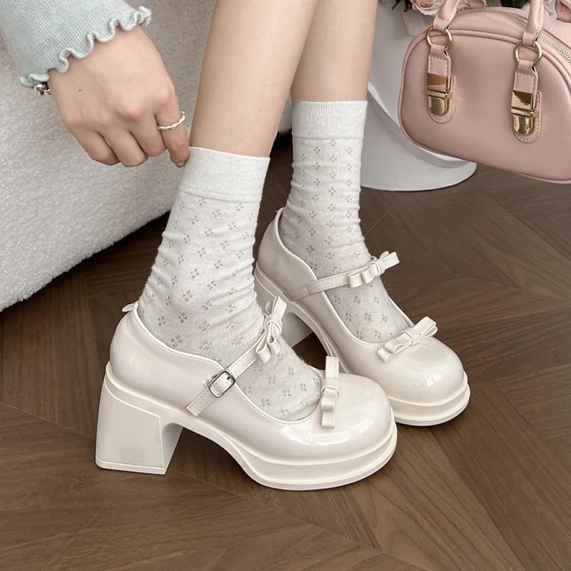 

Fashion Elegant Bowknot High Heeled Mary Jane Shoes Women Ankle Buckle Platform Pumps Woman Japanese Patent Leather Lolita Shoes Female 39 бежевый