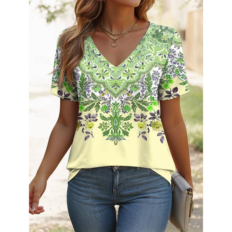 

2025 Новая летняя женская футболка в стиле ретро с цветочным принтом, V-образным вырезом и короткими рукавами, уличная, повседневная, базовая, топ для женщин, летний пуловер XL