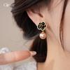 Silver Needle Retro Hong Kong Style Zircon Dripping Oil Flower Pearl Earrings Stud Earrings Temperament Earrings Women