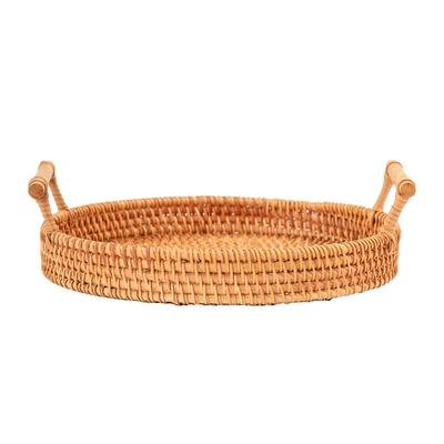 Hand Woven Round Rattan Serving Tray Bread Fruit Dessert Snack Basket with Handles Diameter 22cm