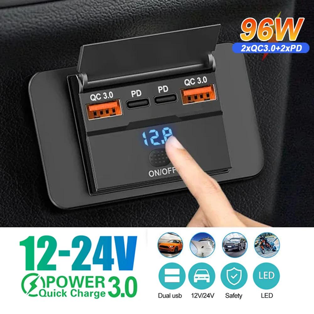 12V 24V Car Type C Phone Charger Socket Panel With Switch PD+QC3.0 Fast Charging Multi Ports Dual USB Outlet LED Light For Car Truck Marine