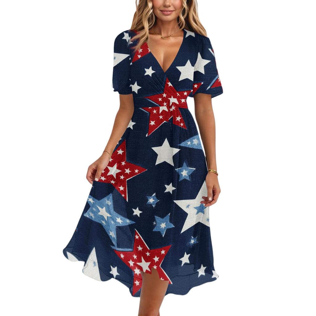 Women’s V Neck Short Sleeve Casual Dress with Printed Pattern Relaxed Fit Lightweight Fabric for Everyday Wear