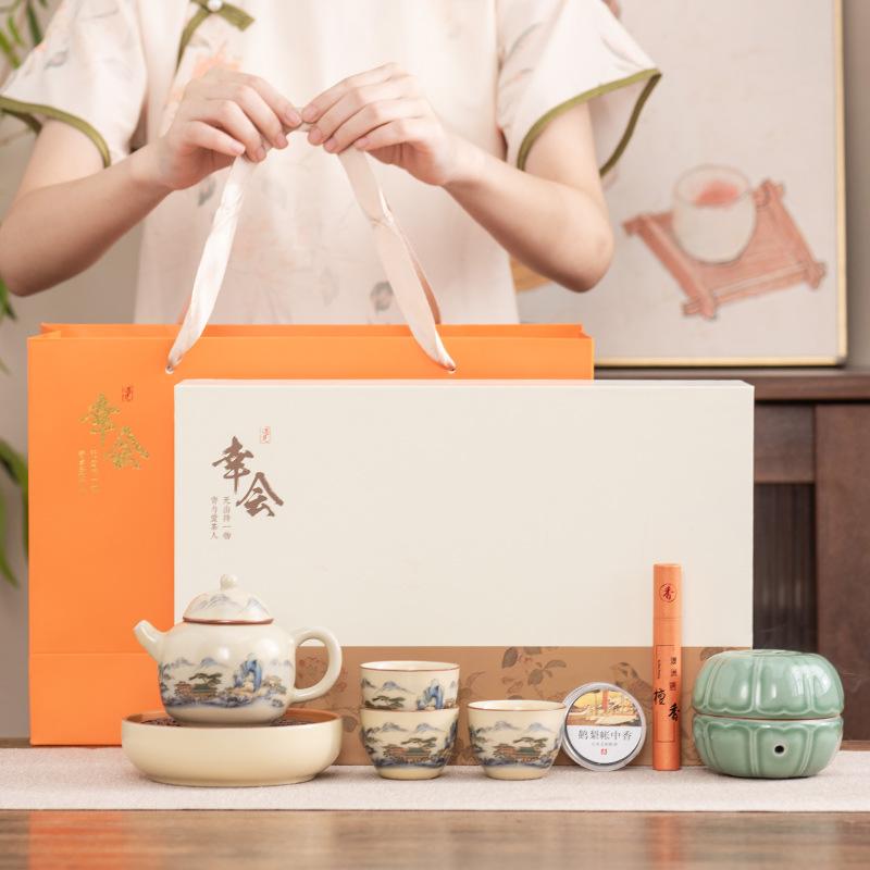 Ru kiln kung fu tea set gift box set teapot cover bowl incense burner high-end club leader business souvenir