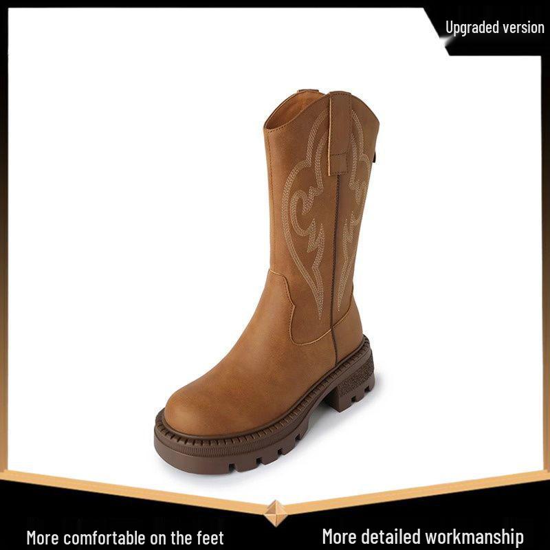 Retro Soft Leather Thick Sole Western Cowboy Mid-Calf Boots for Women, Autumn/Winter Martin Style
