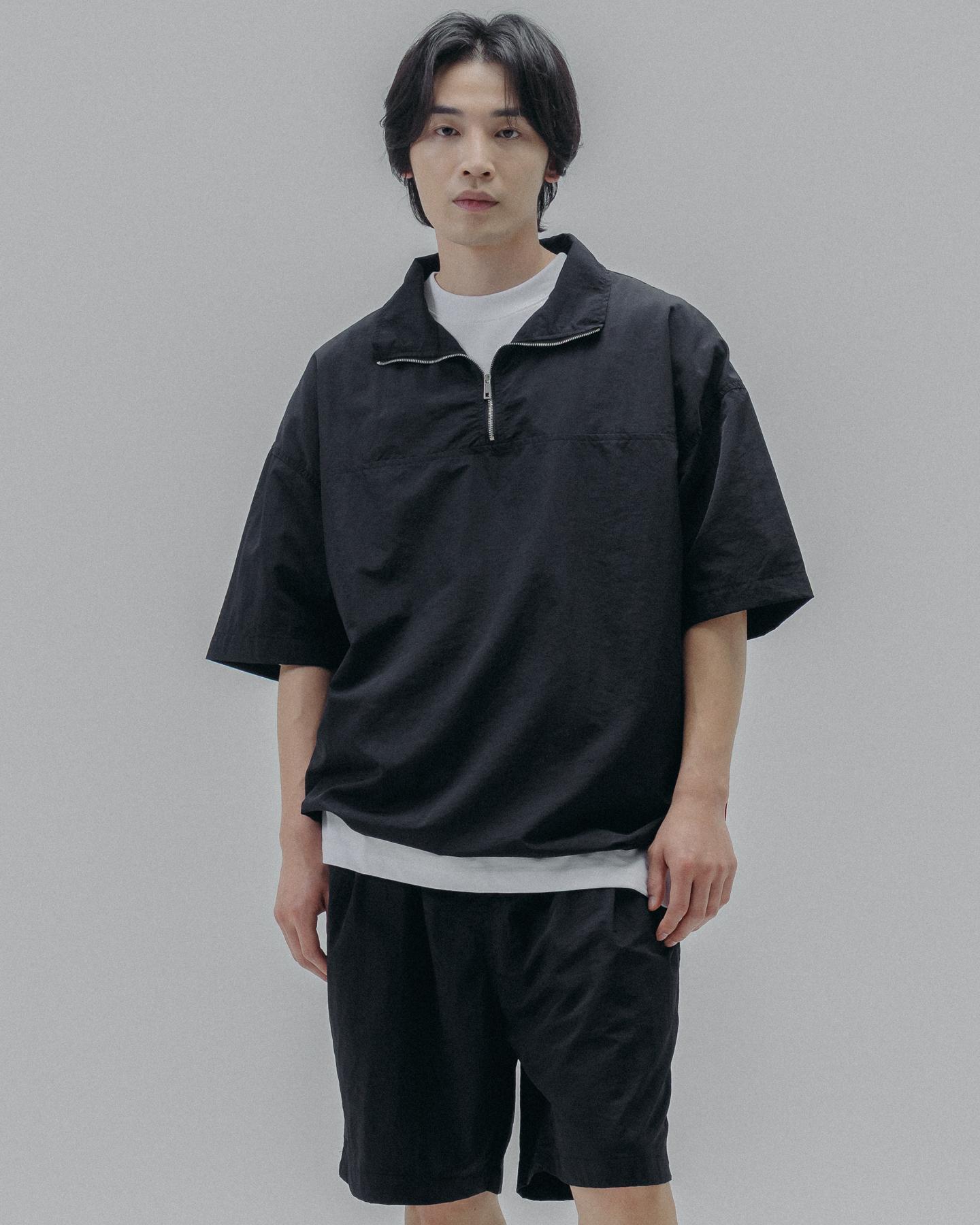 Ps Shopper [Set] Pigment Washed Cool Half-Zip Shorts Set [Black] L