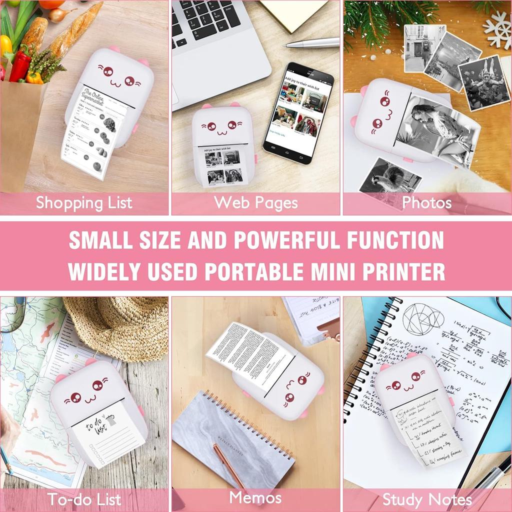 Eschen Pocket Mini Printer, Portable Printer with 6 Rolls Printing Paper for iOS Android Smartphone, Label Receipt Sticker Photo List Notes Inkless