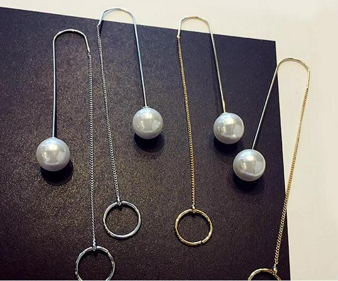 Korean Pearl Circle Long Chain Earrings