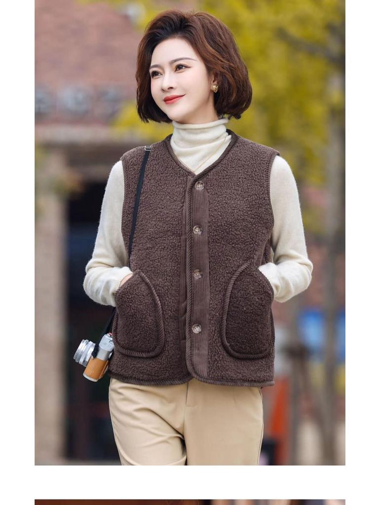 Women's Granular Fleece Vest for Middle-Aged & Elderly - Coffee Color, Sleeveless, Plus Velvet for Spring, Autumn, and Winter