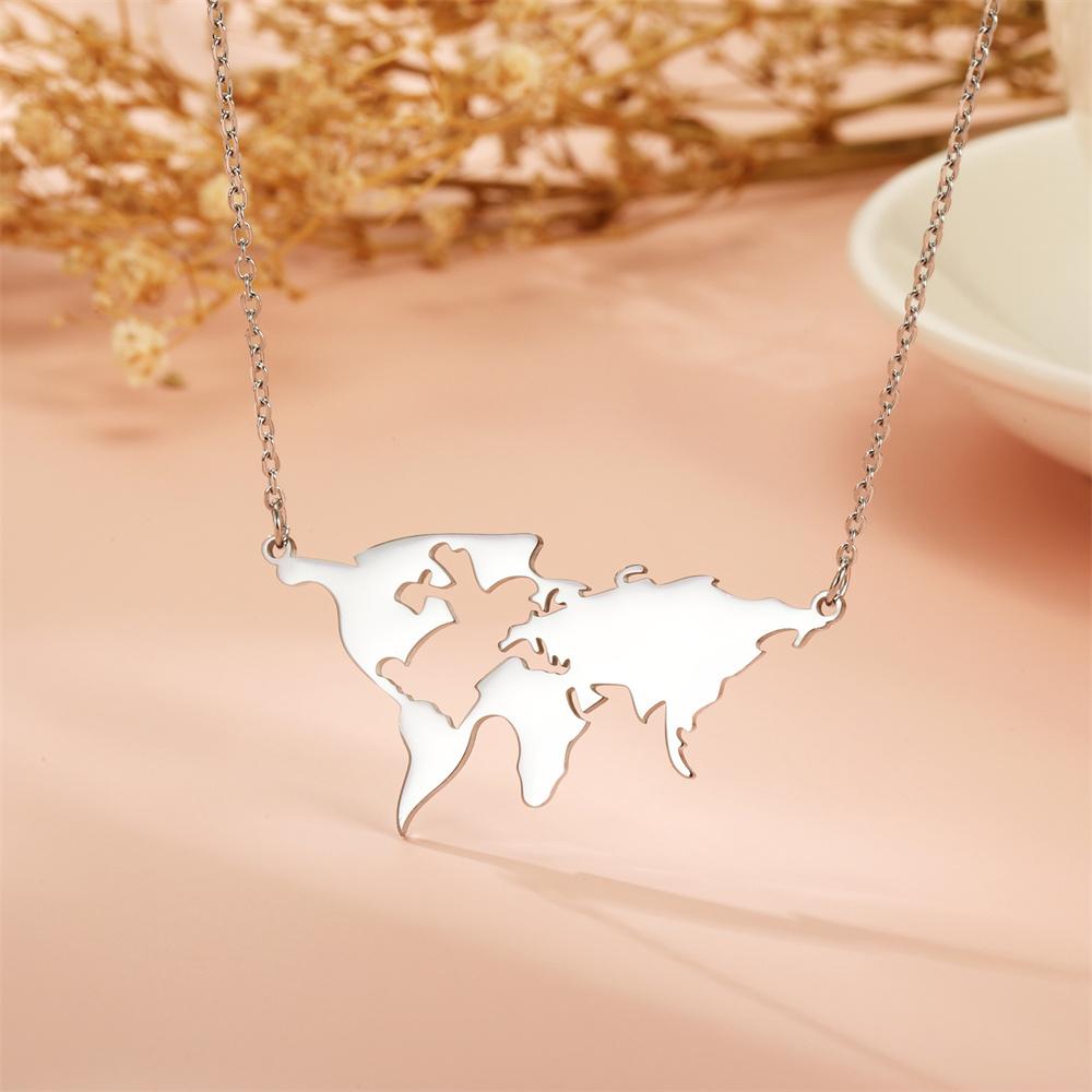  Globe World Map Outline Pendant Necklace for Women Stainless Steel Earth Day Worldwide Outdoor Traveler Jewelry Gifts