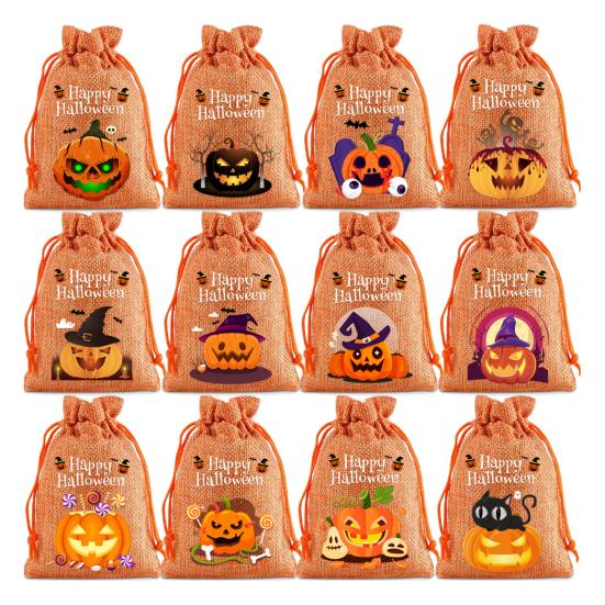 12 Pcs Halloween Treat Bags Burlap Gift Bags Mini Drawstring Candy Bags Pumpkin Pattern Goodie Bags for Halloween Party Favors