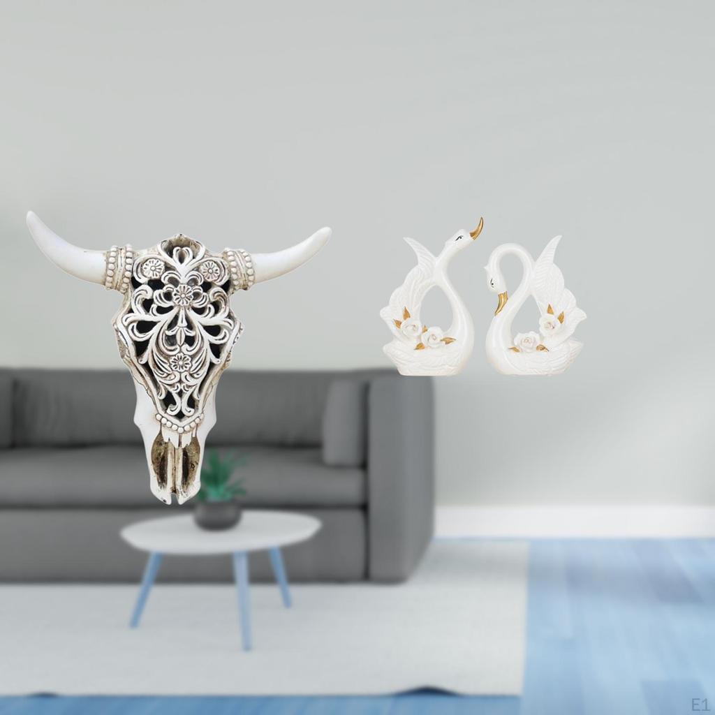 Tribal Bull Head Wall Hanging Sculpture And Elegant Swan Ceramic Animal Statue Ornament for Office