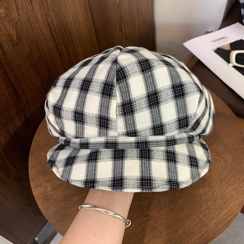 Japanische Retro Karomütze Damen Herbst College Stil Malermütze Großer Kopfumfang Zeigt Gesicht Klein Wolke Achteckmütze