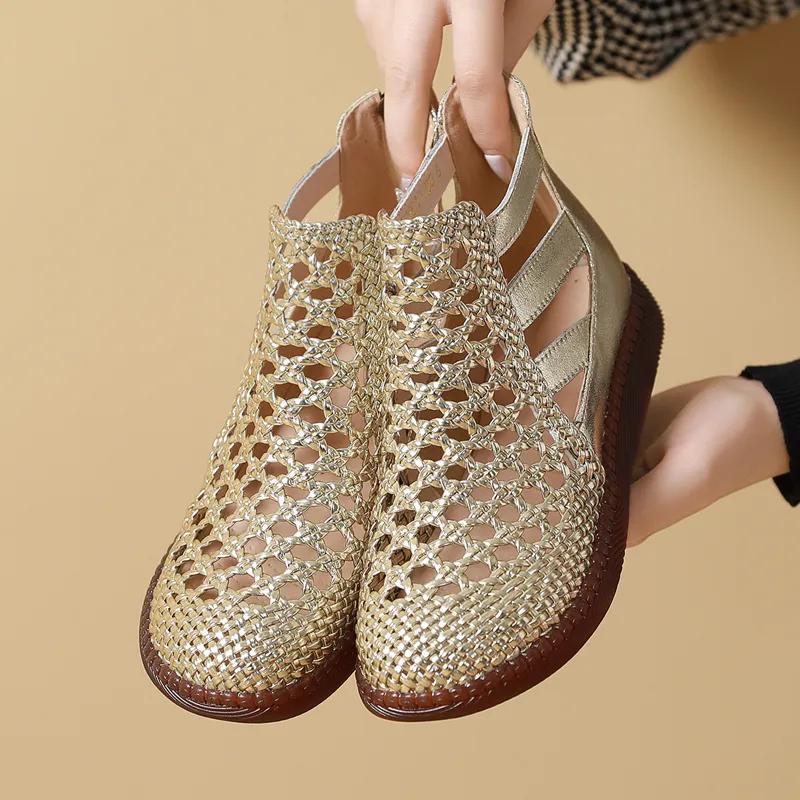 Fashion GKTINOO Large Size 2025 Genuine Leather Summer Sandals Breathable Hollow Boots Flat Soft Non-slip Comfortable Sandalias De Mujer