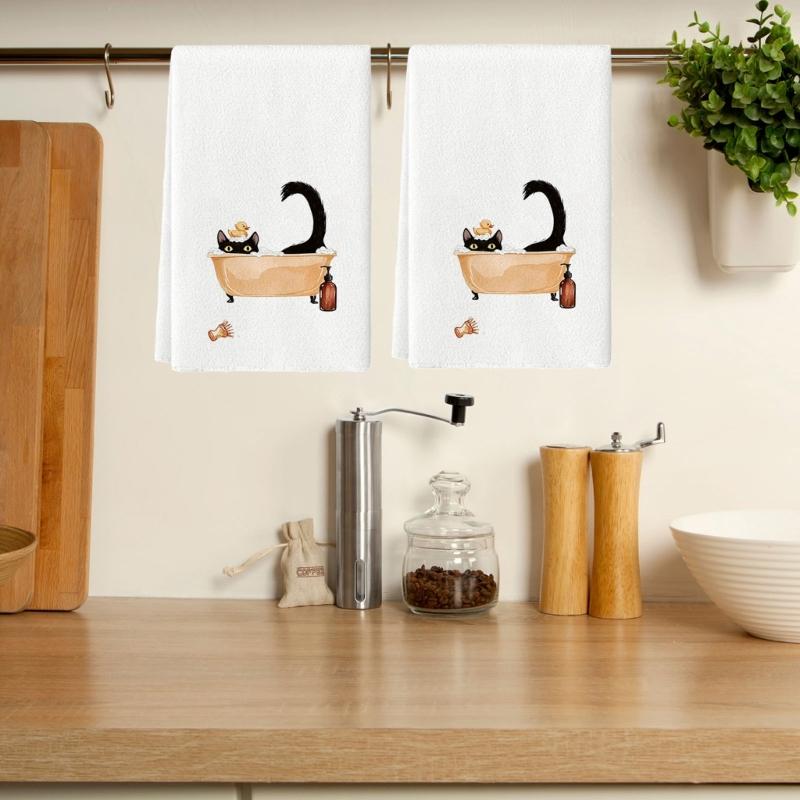 Set of 2 Decorsative Cats Themed Kitchen Towels Quick Drying Dishcloths Hand Towel For Countertop Decors Practical Use