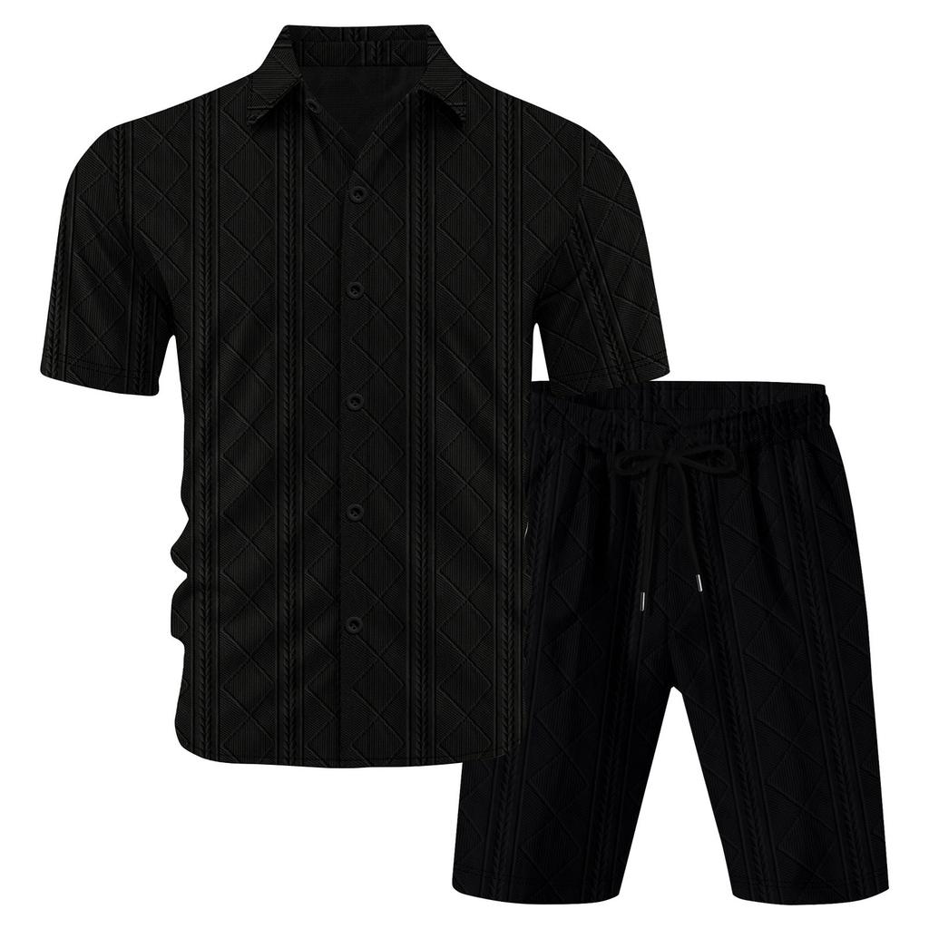 Men's Summer Solid Color Breathable Loose Button Short Sleeve Shirt Shorts Set