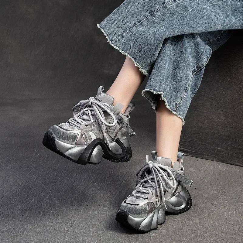 5CM Comfy Ladies Spring Summer Mixed Color Autumn Fashion Pigskin Leather Genuine Platform Wedge Chunky Sneaker Vulcanize