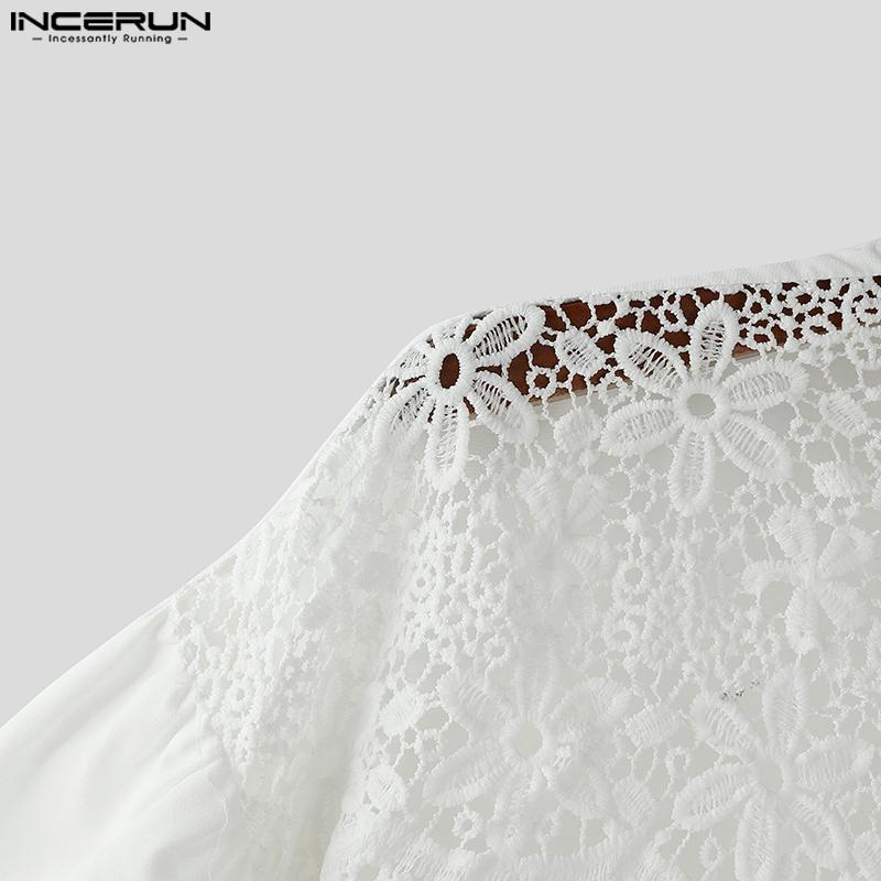 INCERUN Men Summer Stand Neck Short Sleeve Lace Patchwork Casual Party T-shirt Tops