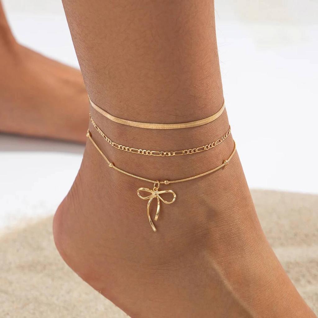 Salircon 3Pcs/Set Boho Summer Beach Thin Chain Anklets Women Trendy Simple Bowknot Ankle Chain Barefoot Foot Jewelry Accessories