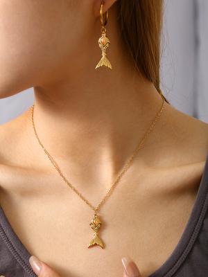 Beach Elegant Light Luxury Bohemian Style Stainless Steel 18K Gold-Plated Fish Tail Pendant Necklace Earrings Women'S Zircon