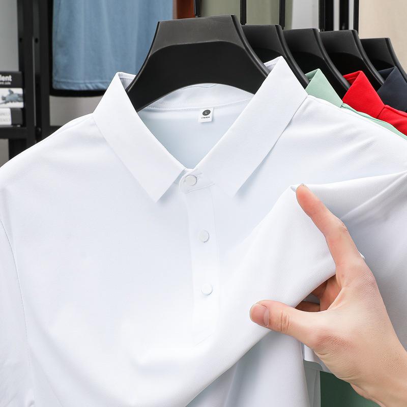 Pánské letní polo tričko z ledového hedvábí - Elastické, nemačkavé, jednobarevné, krátký rukáv, Business Casual s límečkem.