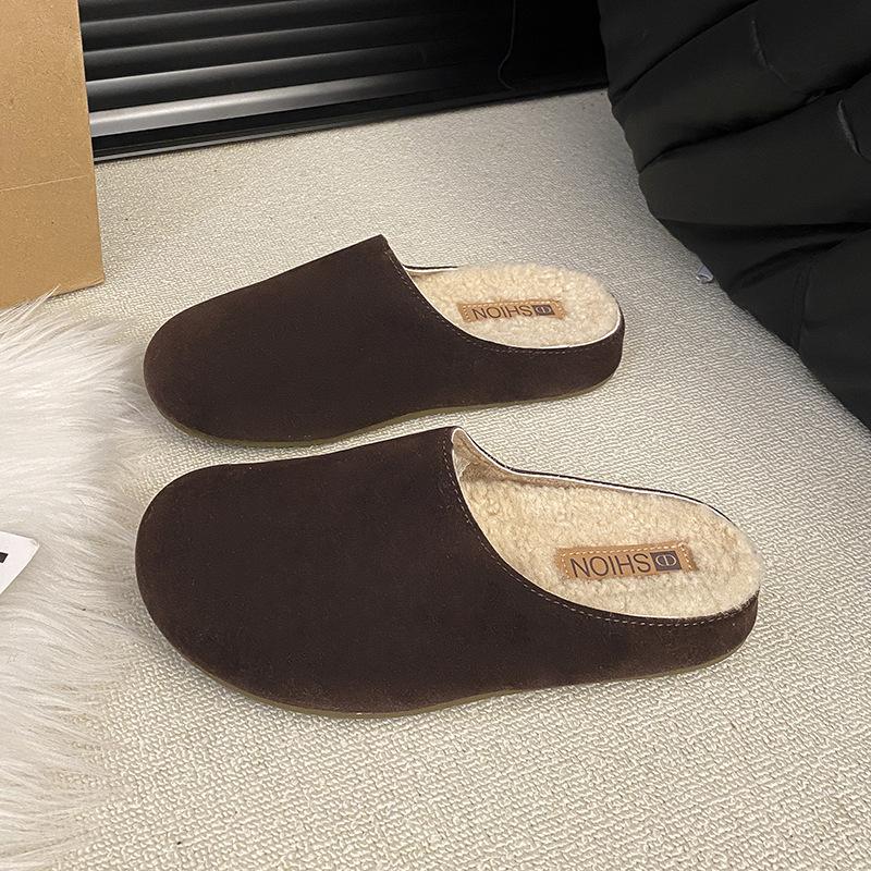 

Ретро тапочки на толстой подошве с закрытым носком женские для улицы 2025 осень-зима новая бархатная теплая полуподдержка один педаль ленивые туфли 40 темно-коричневого