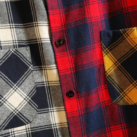 Men Spring Shirt Colorblock Plaid Print Single-breasted Loose Long Sleeve Lapel Buttons Streetwear Casual Cardigan Shirt Coat