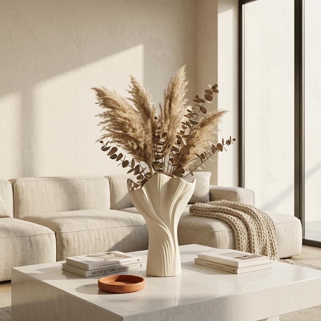 Modern Ceramic Vase, Minimalist Textured Off-White Flower Vase for Home Decor, 8.8 Inch Height
