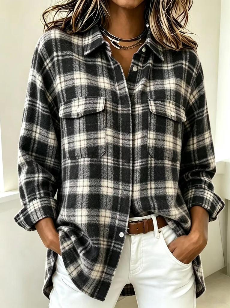 Damen Vintage Karomuster Flanellhemd Langarm Lockerer Schnitt Oberteil für Herbst Winter Streetwear