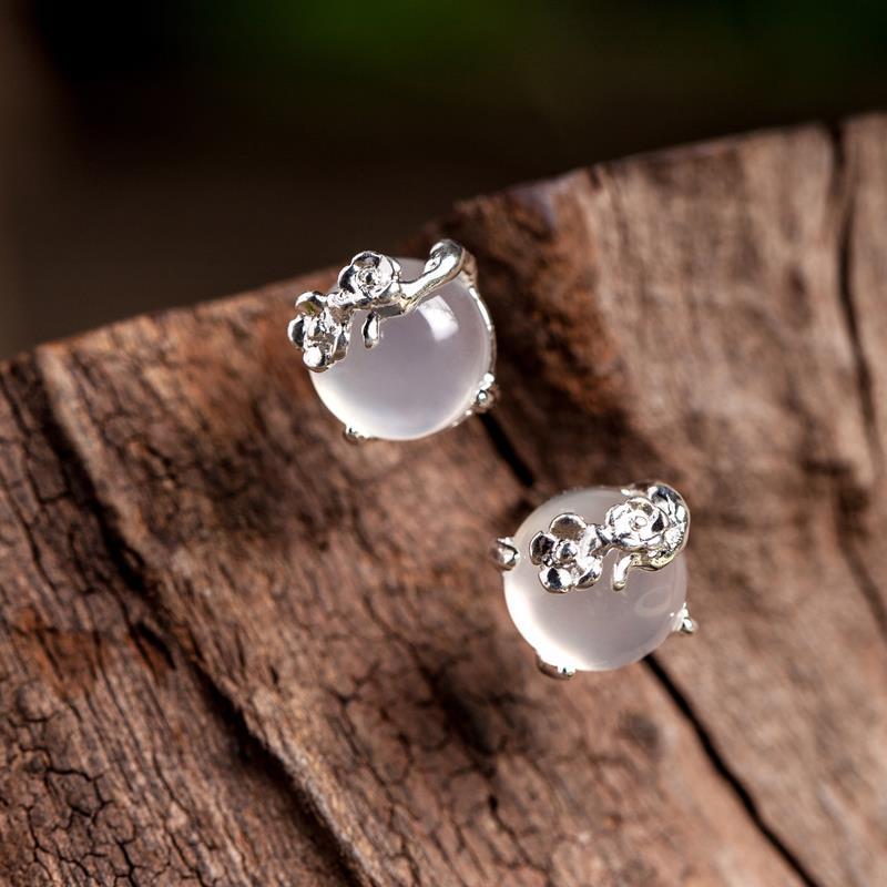 New Original Design  Inlaid Moonlight White Chalcedony Plum Blossom Earrings For Friends Anniversary Gifts