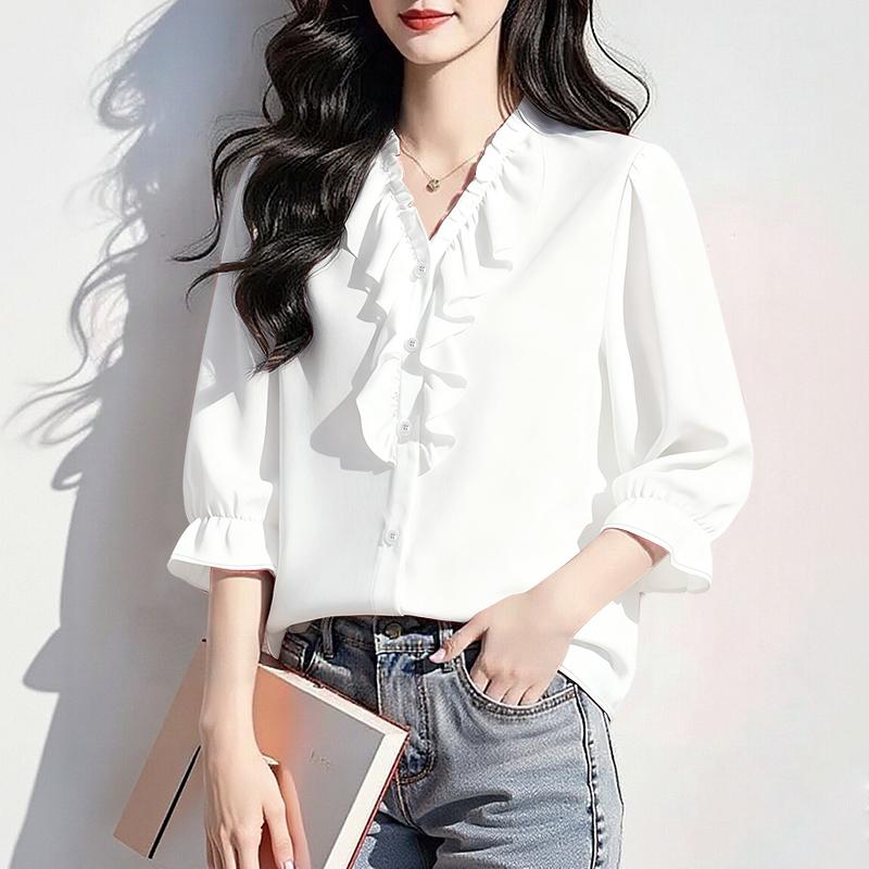 ZANZEA Damen Rüschen V-Ausschnitt Locker Lässig 3/4 Ärmel Bluse