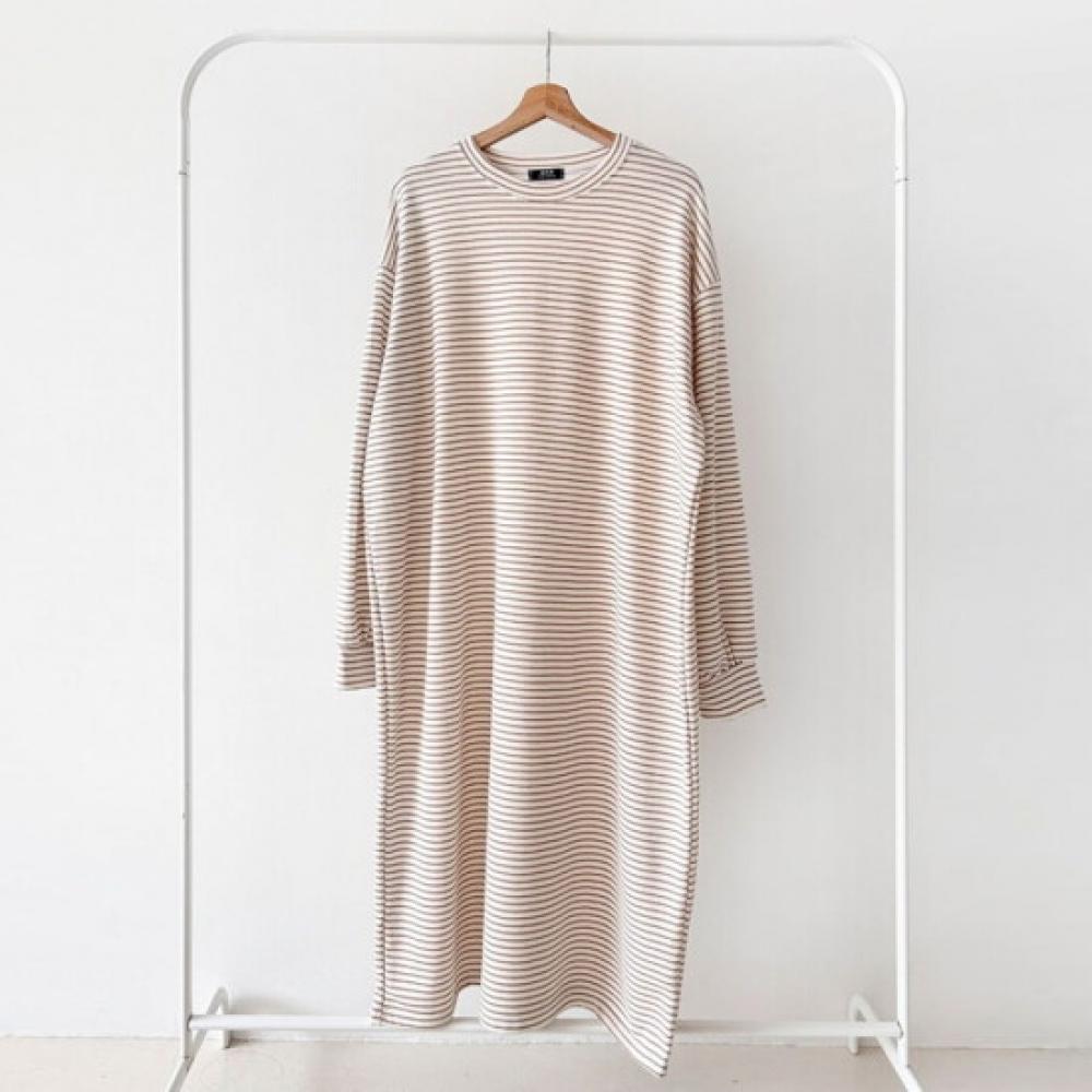 Shop Women S Korean Made Round Boxy Striped Long dreSS Dark Beige Ara Wdr 4950