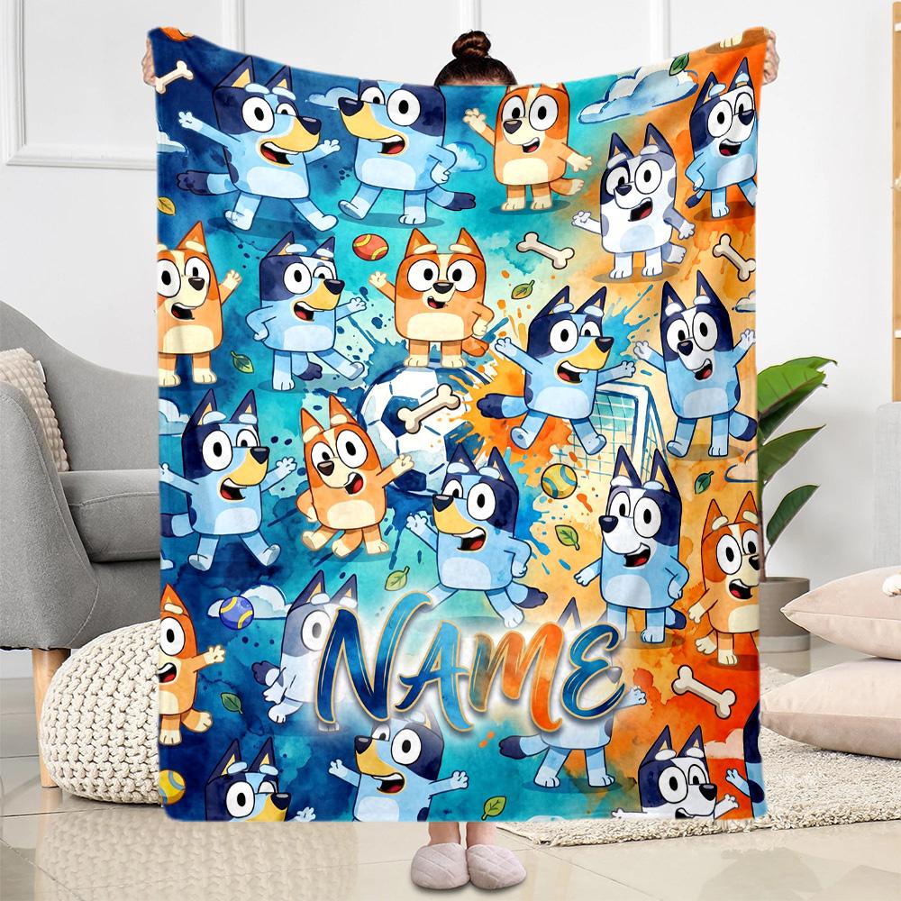 Bluey Soccer Fun Customize Your Name Blanket Gift Personalized Blanket Ultra-Soft Great for Home Decor Office Chair Office Nap Four Seasons Universal