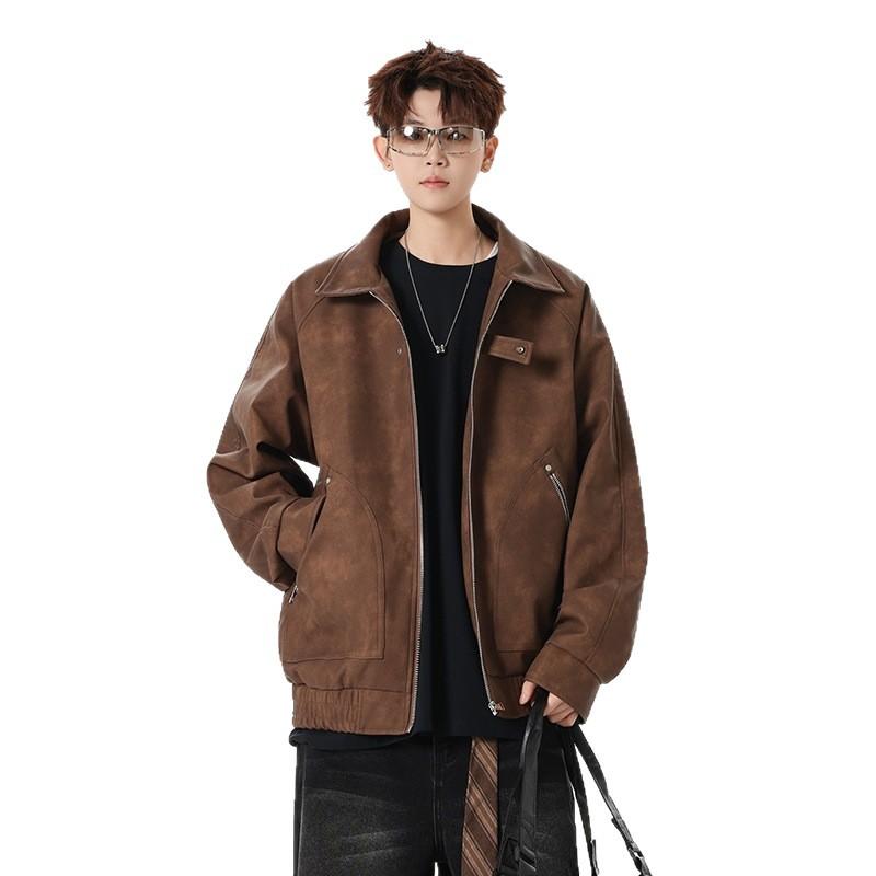 Loose men's leather jacket spring and autumn pu leather lapel xl large size trendy brand American retro casual leather jacket men