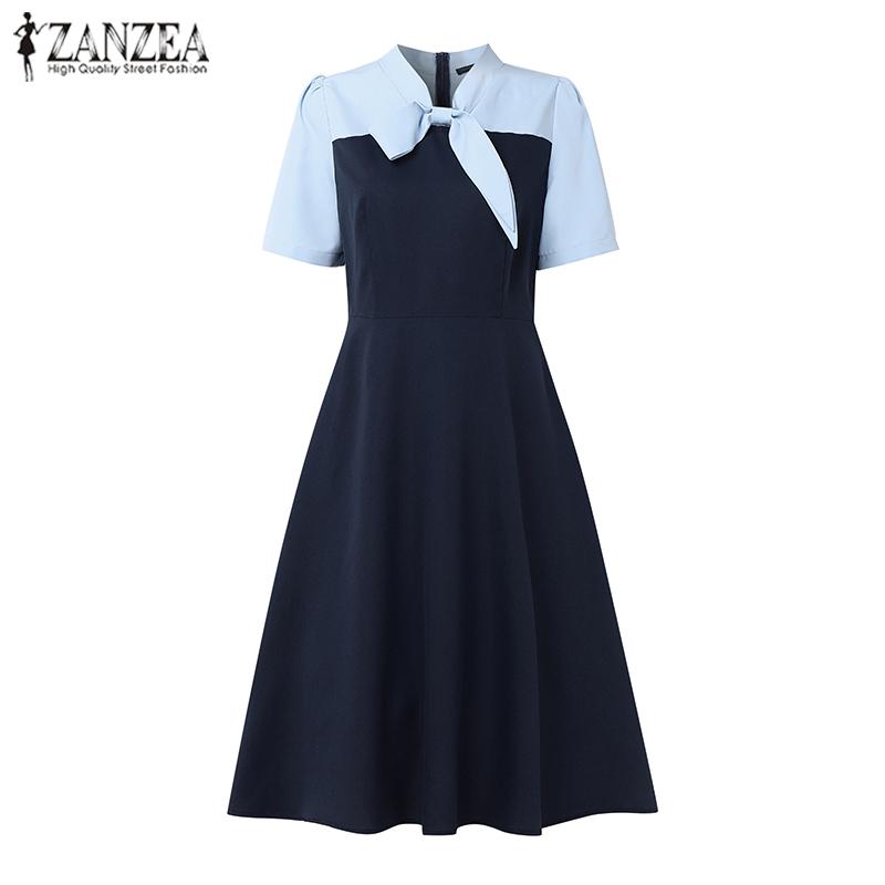 ZANZEA Rochie Casual de Damă cu Funde, Gât în V, Mânecă Scurtă, Patchwork